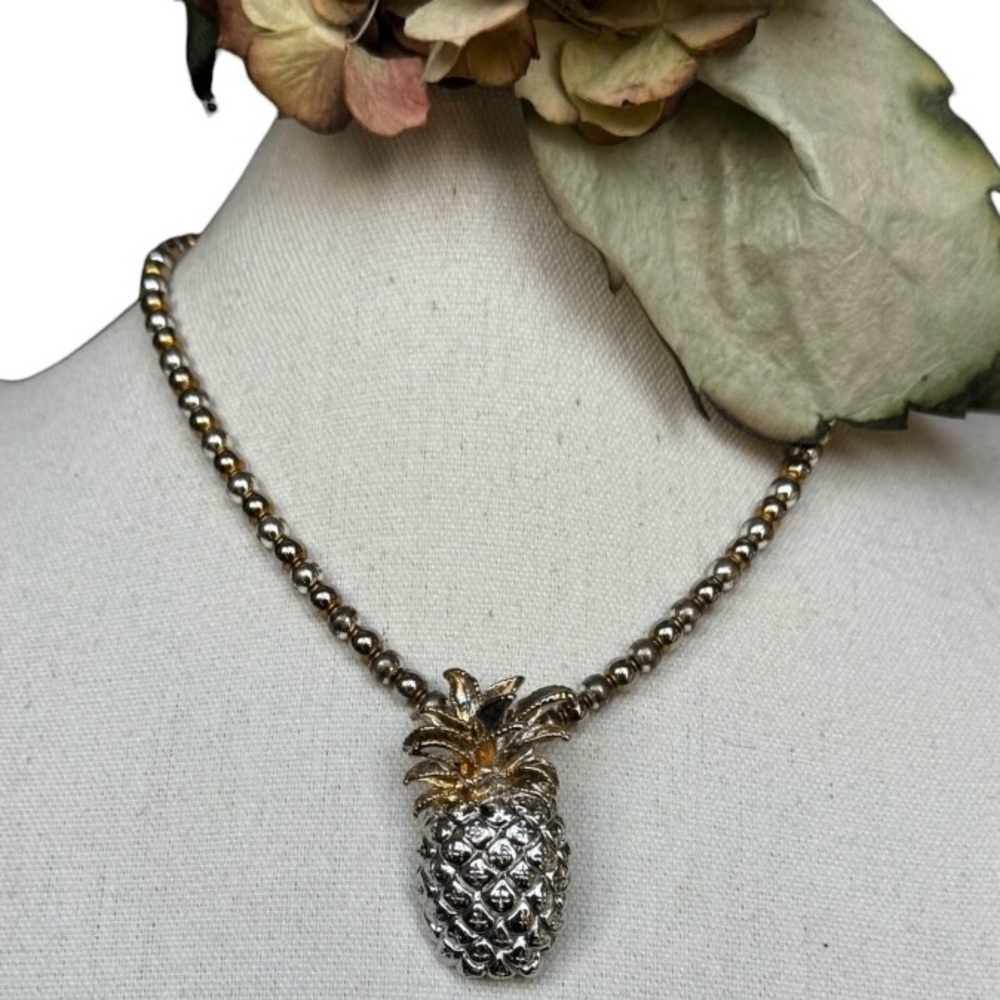 Silver Tone Beaded Necklace with Pineapple Pendant-Brooch Two Tone Gold & Silver